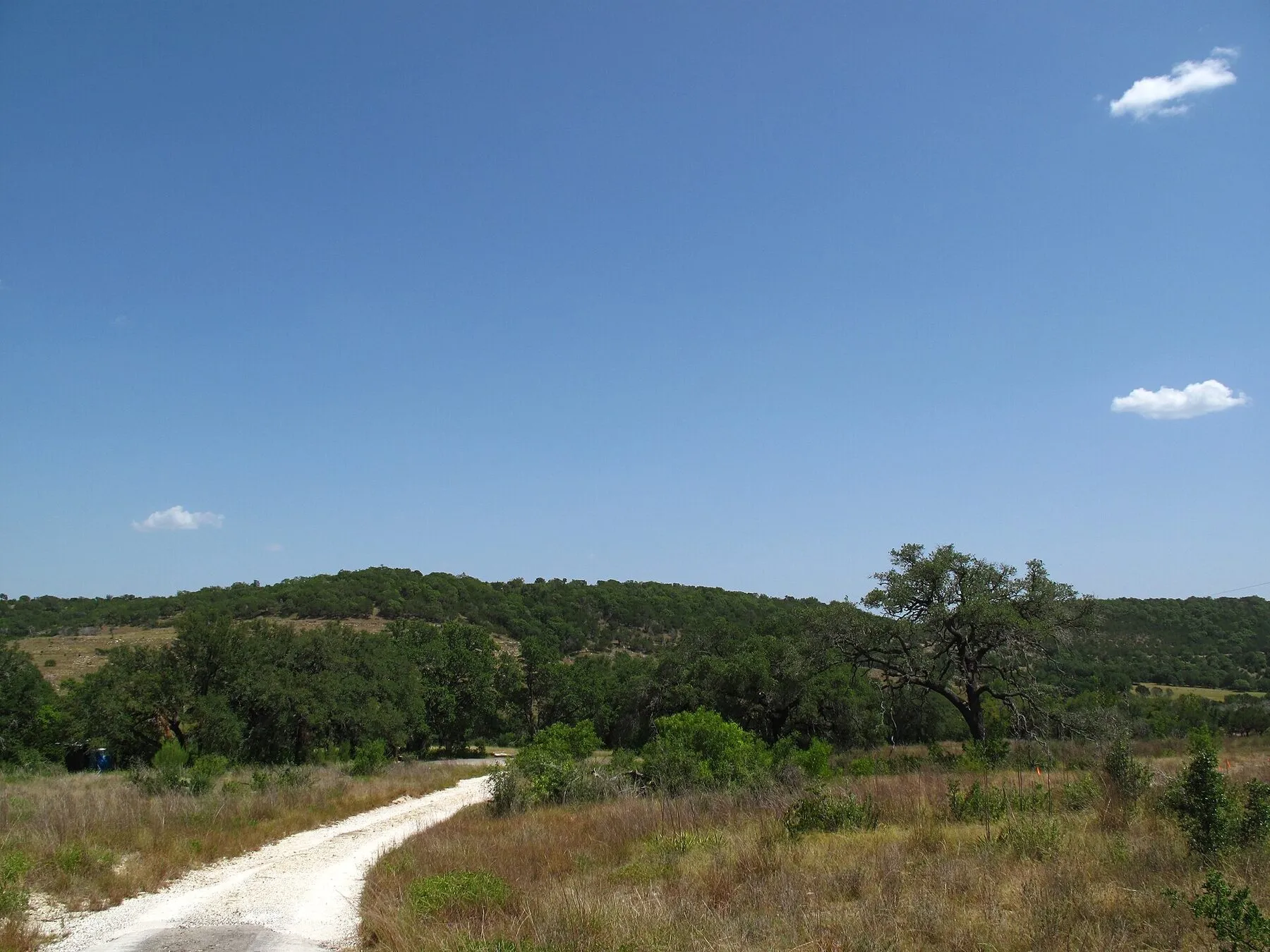 Layered oak-covered hills beneath a hazy blue sky in Texas Hill Country
