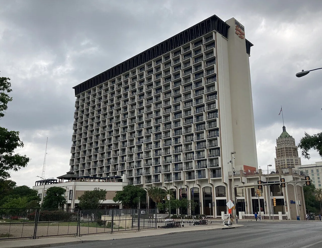 The Hilton Palacio del Rio tower and its repeating rows of private balconies in downtown San Antonio