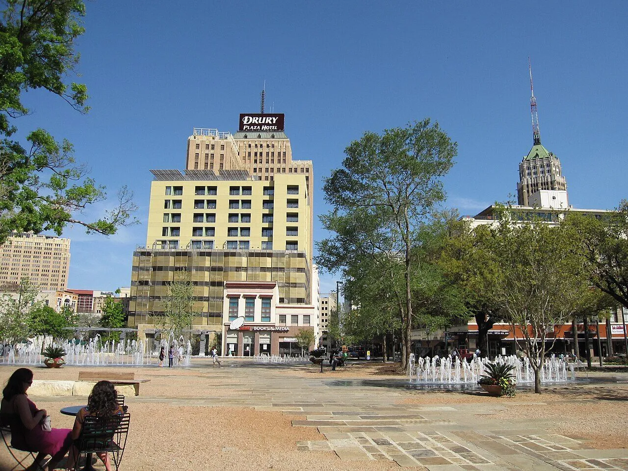 Main Plaza in downtown San Antonio with the former Alamo National Bank building, now Drury Plaza, behind it