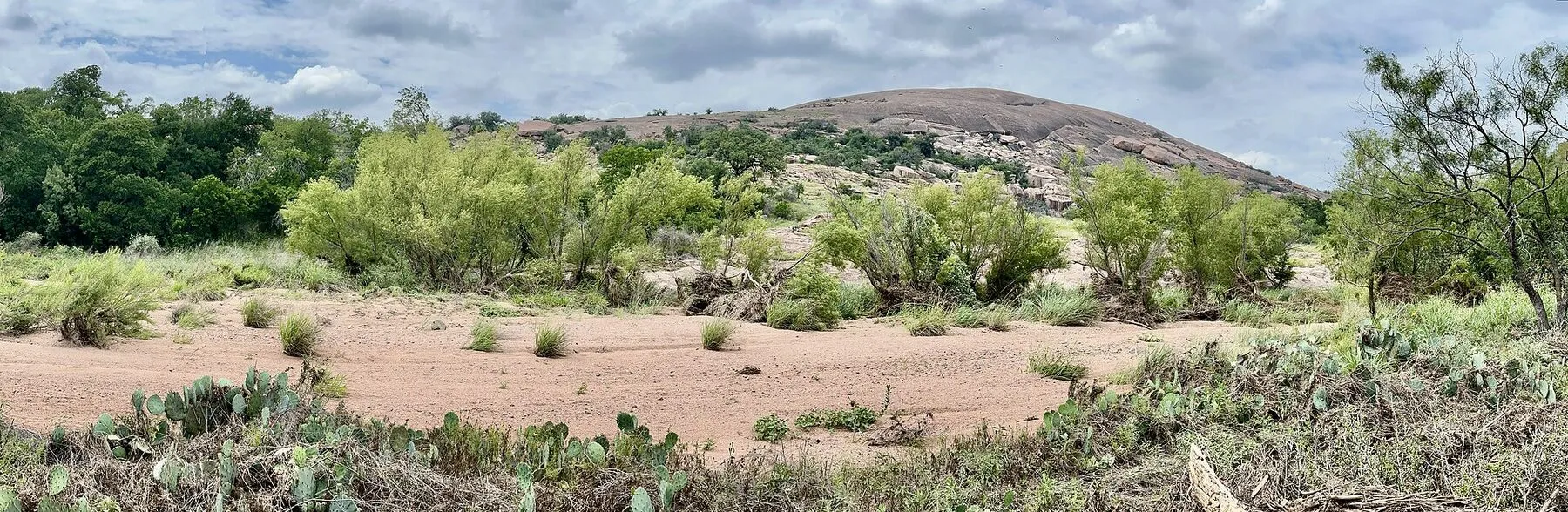 Wide view of Enchanted Rock and scrub-covered Hill Country terrain