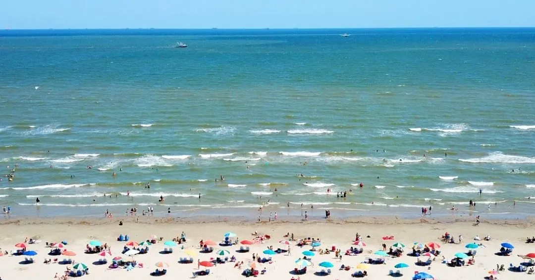 Rows of umbrellas and beachgoers at Stewart Beach in Galveston