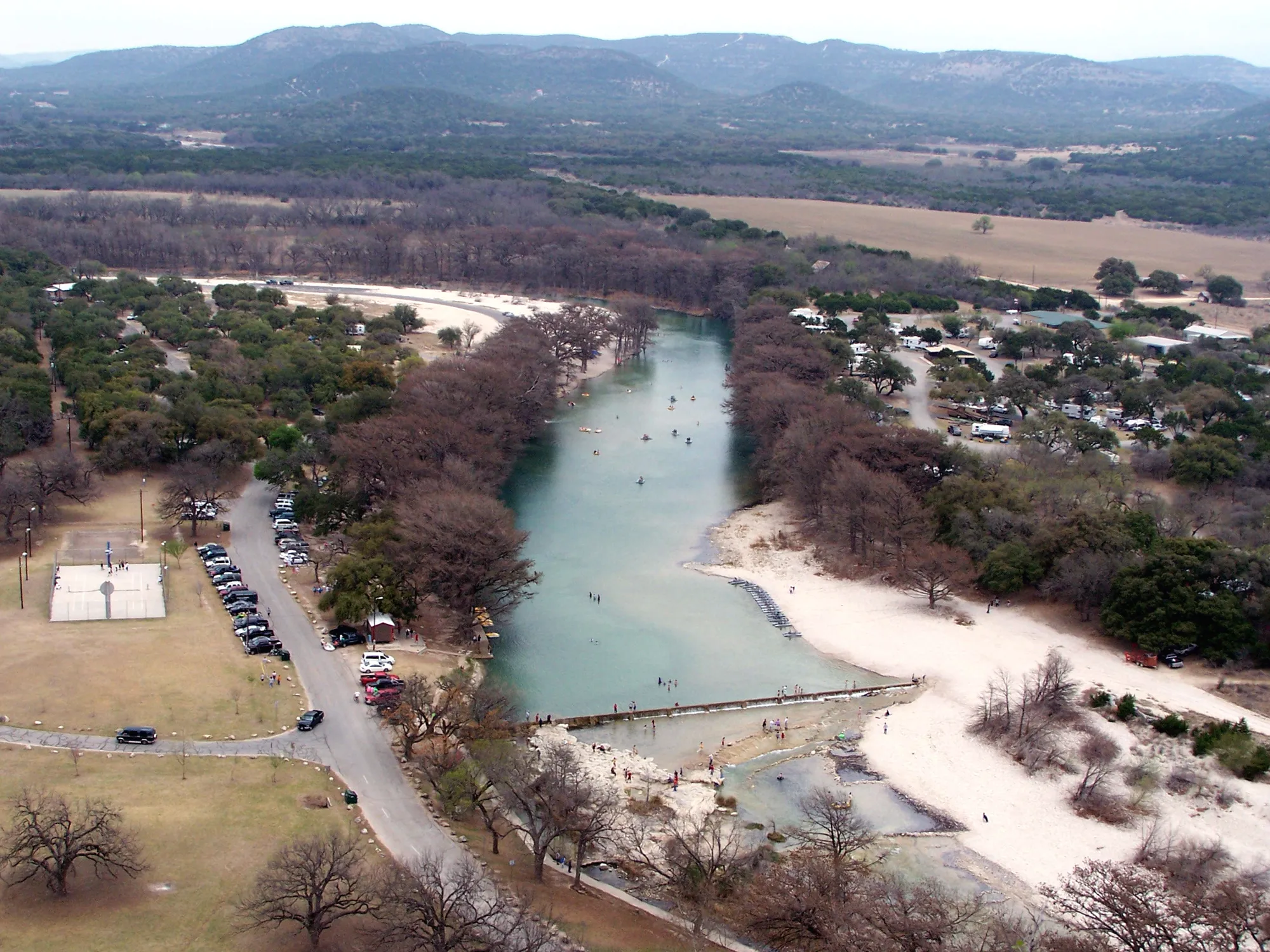 The Frio River winding below wooded hills at Garner State Park, seen from Old Baldy in Uvalde County