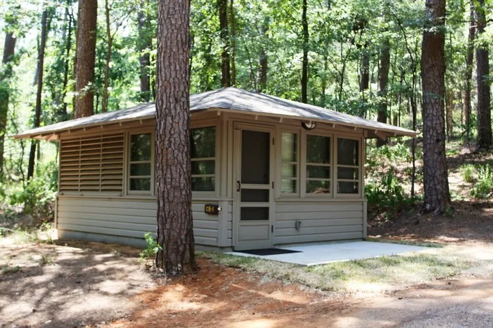Small cabin and picnic table under pine trees at Tyler State Park